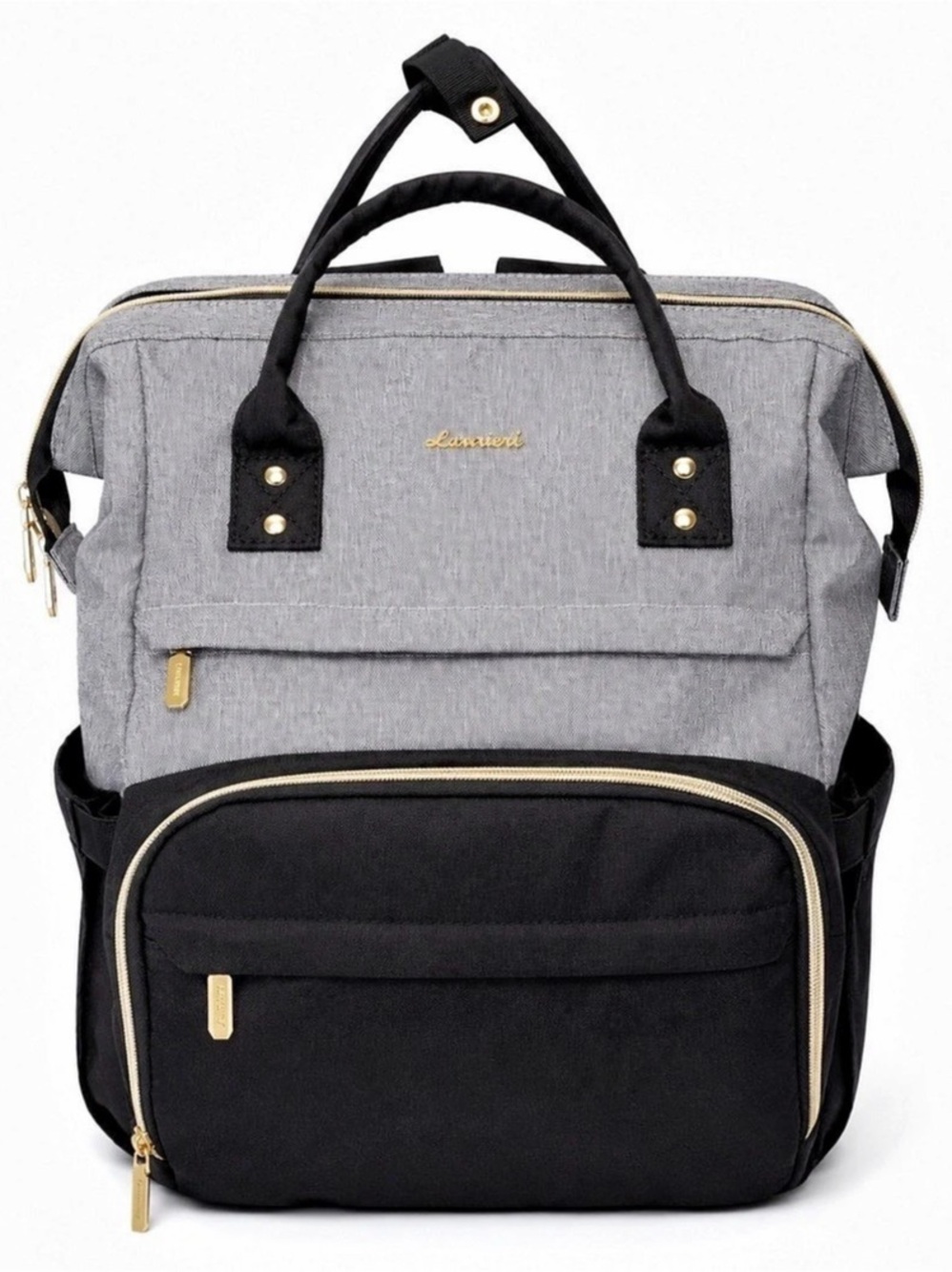 LOVEVOOK Laptop Backpack (in gray and black with gold-toned zippers and top car